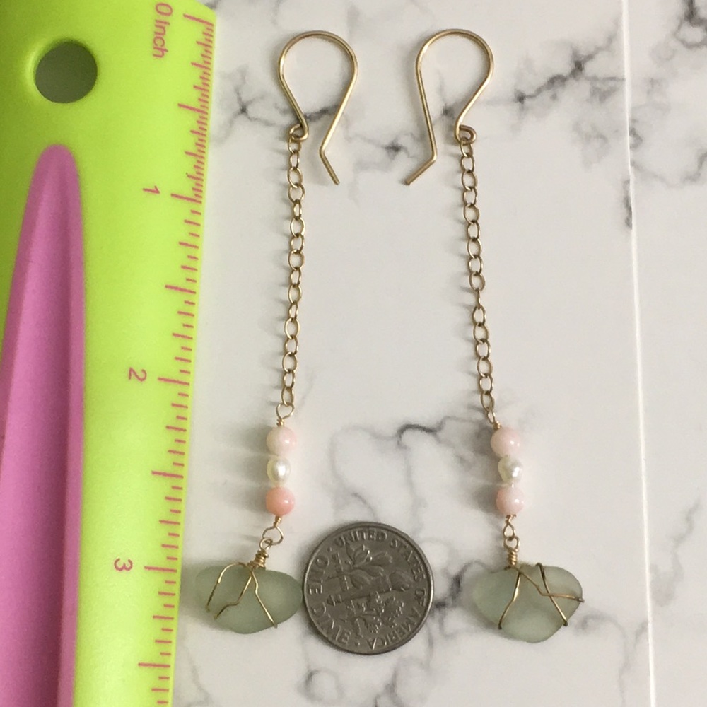 🖤Handmade seaglass pearl coral earrings - Picture 5 of 8